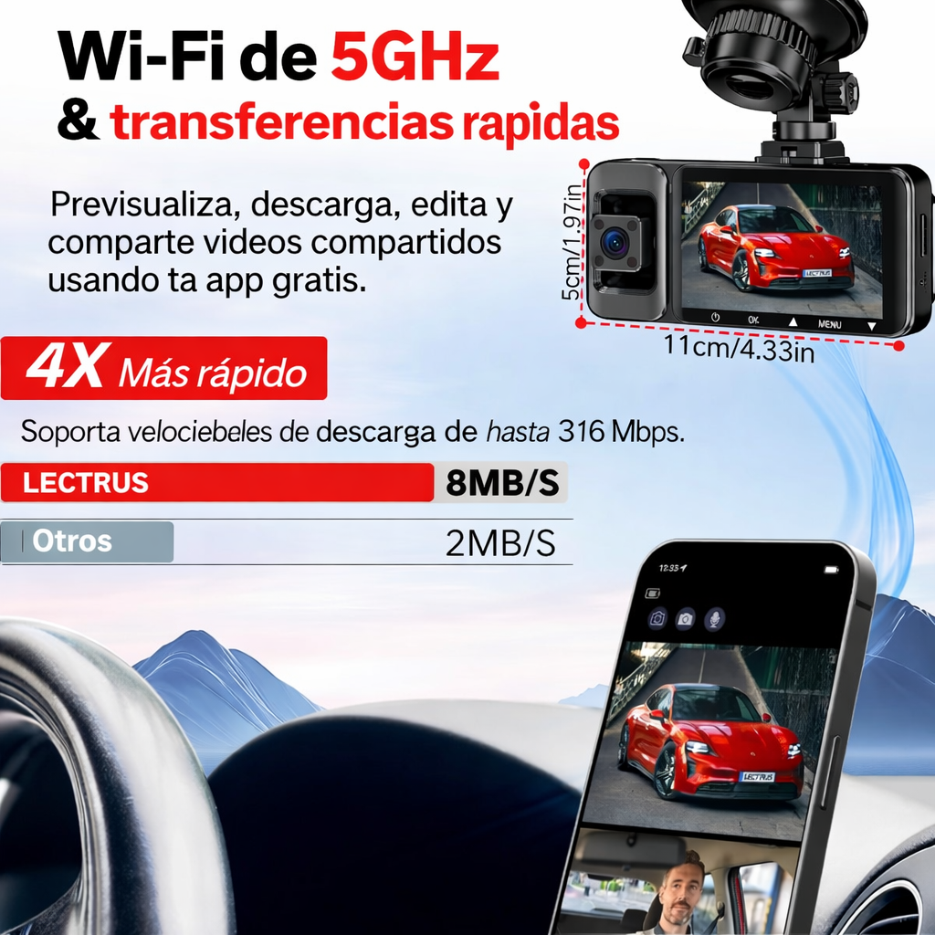 Camara para Carro 4k DashCam con Wifi + 3 Canales de Grabación + GPS