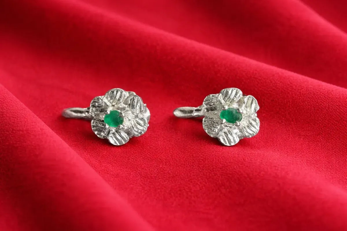 Aretes Topitos Plata 925 En Flor Con Esmeralda Auténtica