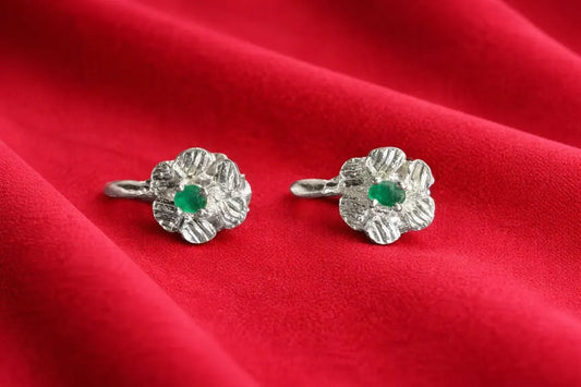 Aretes Topitos Plata 925 En Flor Con Esmeralda Auténtica
