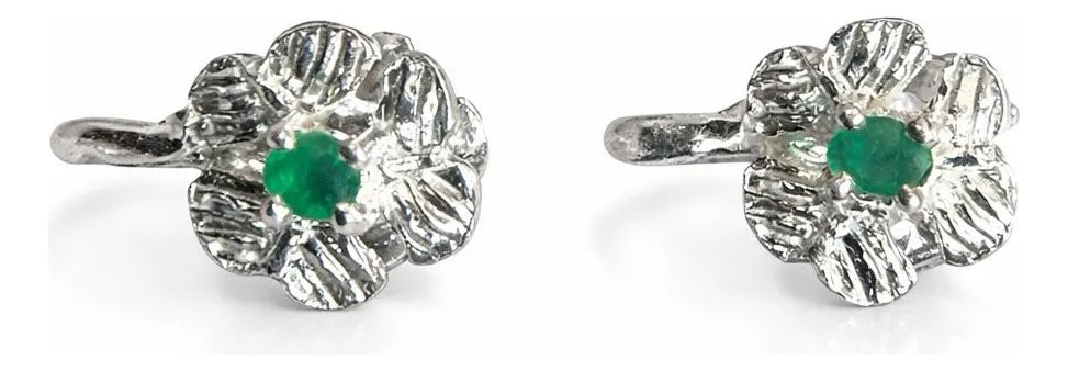 Aretes Topitos Plata 925 En Flor Con Esmeralda Auténtica
