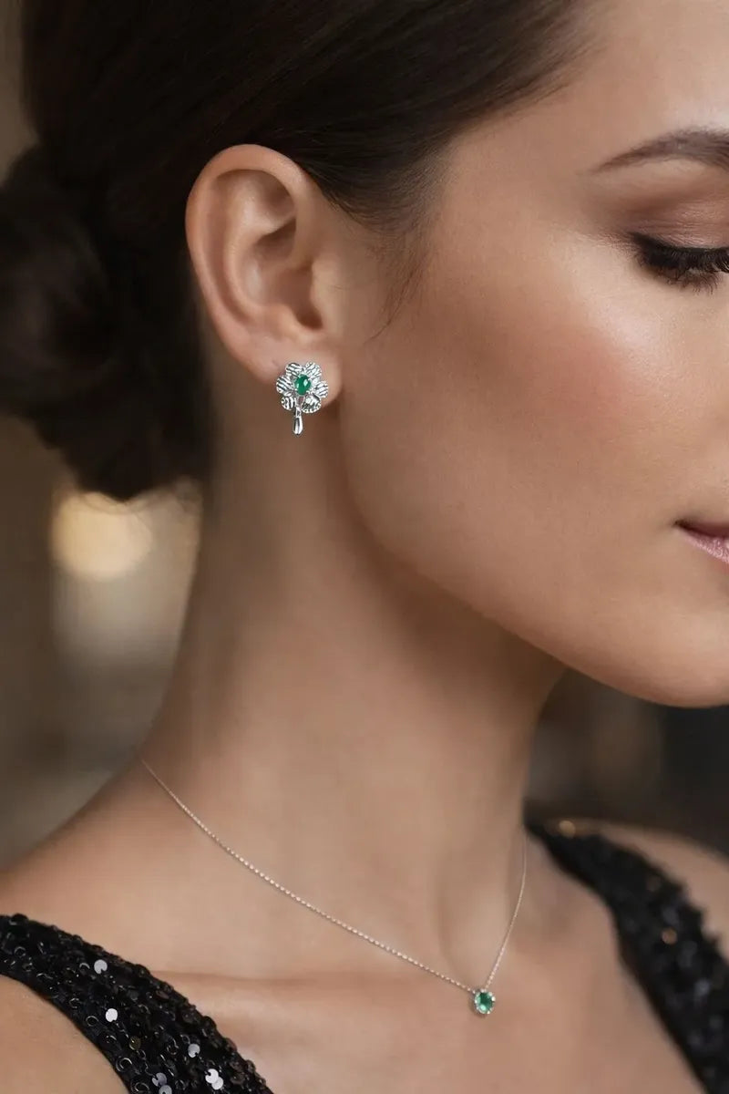 Aretes Topitos Plata 925 En Flor Con Esmeralda Auténtica