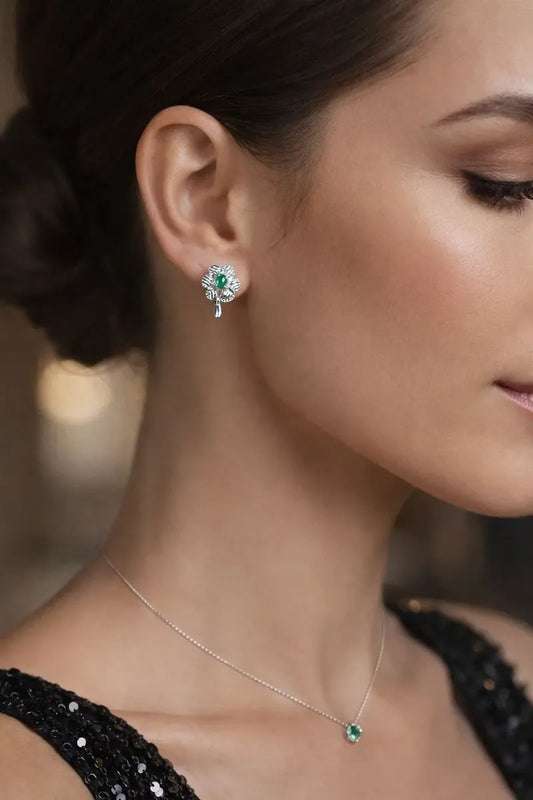 Aretes Topitos Plata 925 En Flor Con Esmeralda Auténtica
