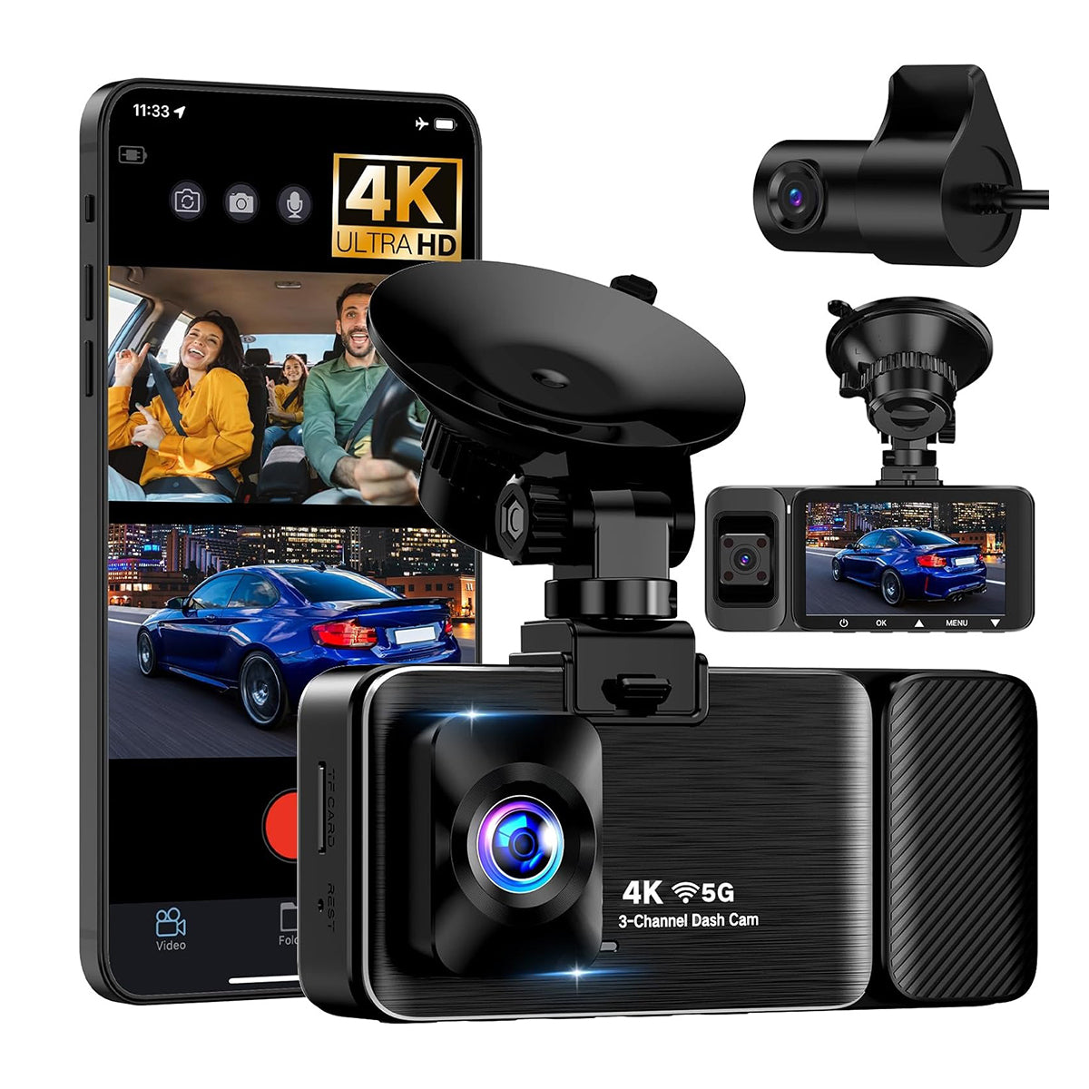 Camara para Carro 4k DashCam con Wifi + 3 Canales de Grabación + GPS